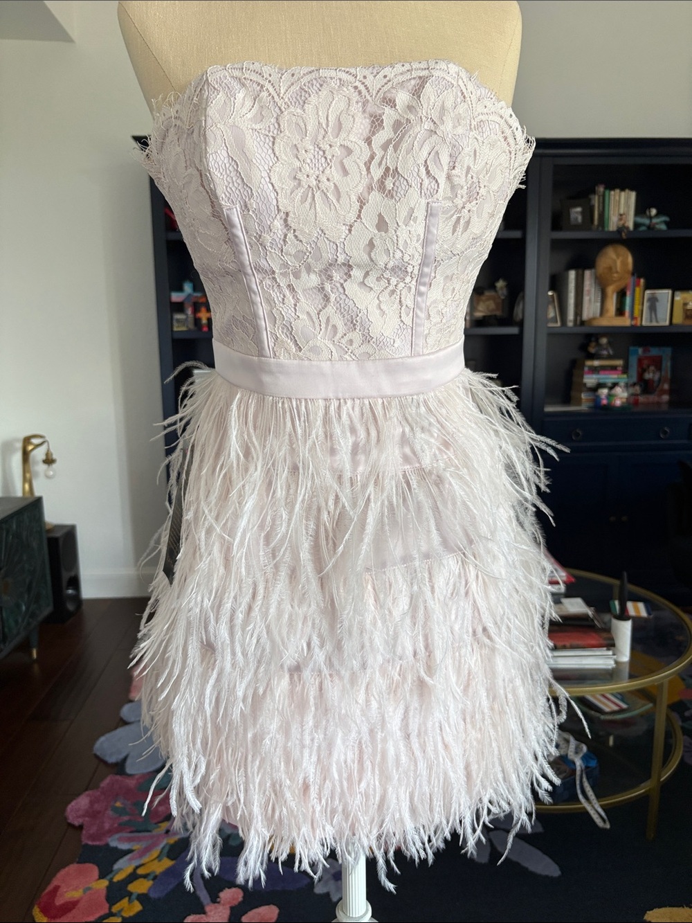 Vintage Bebe Light Pink Strapless Lace & Feathers Dress size 0